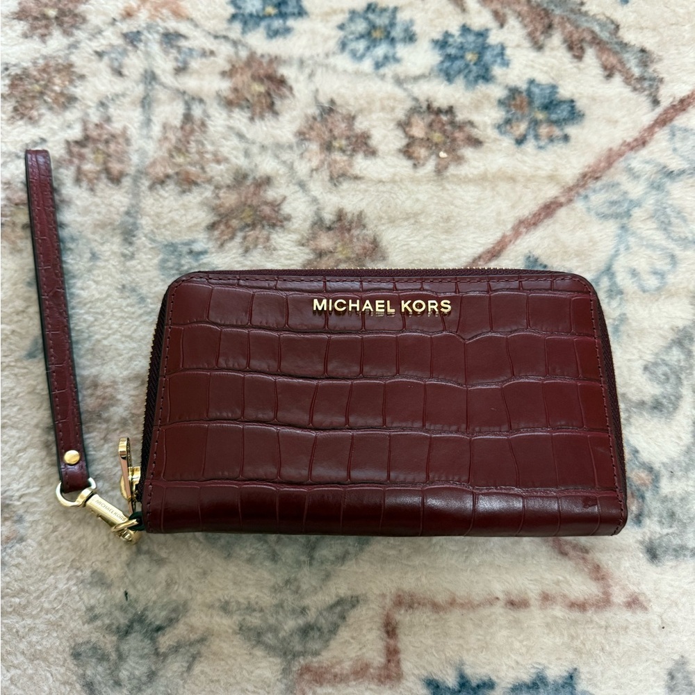 Michael Kors Croc-Embossed Zip Wallet in Deep Burgundy